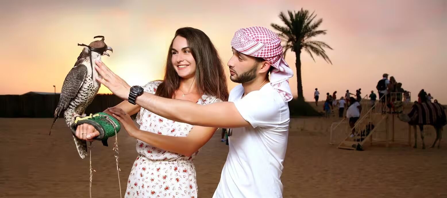 Falcon encounter as part of a desert experience in Dubai