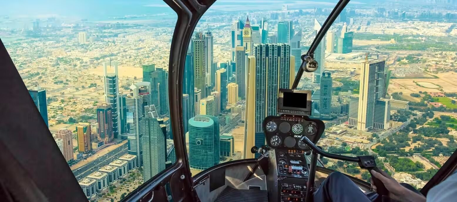 Dubai skyline viewed from a helicopter cockpit