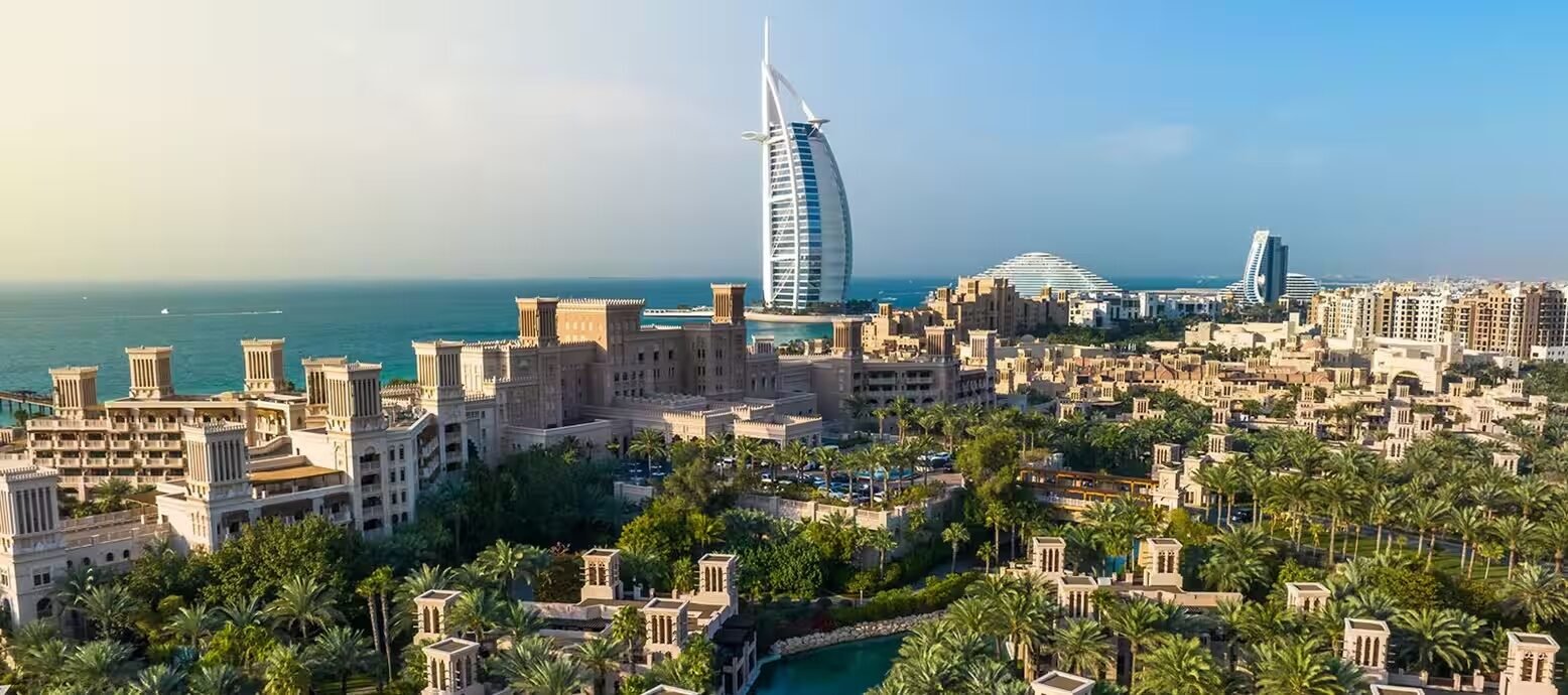 Madinat Jumeirah, Burj Al Arab and Dubai resort skyline